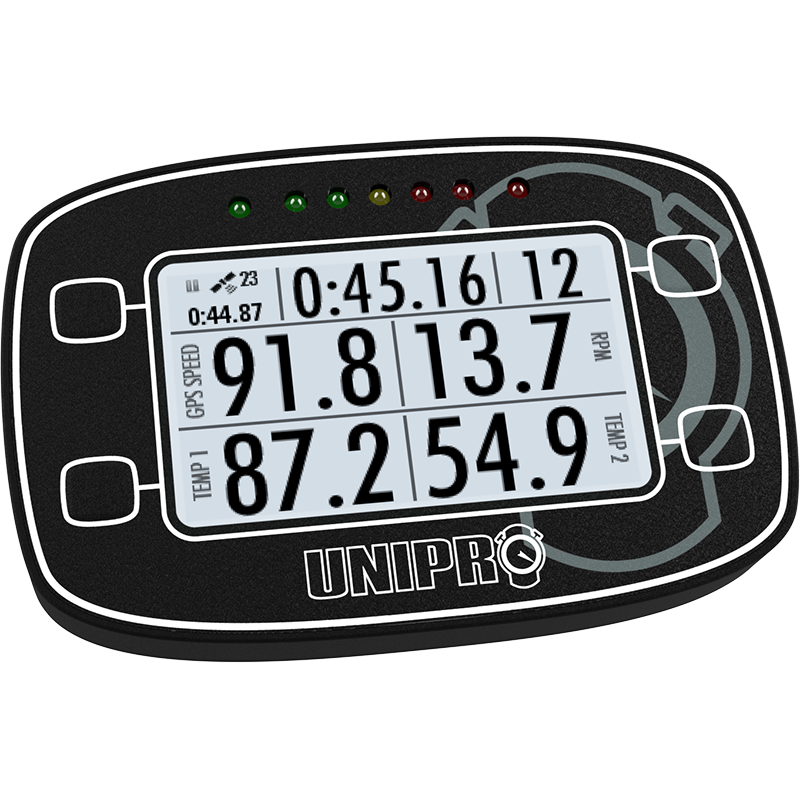 Unipro UniGo One kart lap timer with cylinder head temperature sensor, angled view