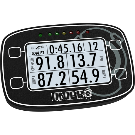 Unipro UniGo One kart lap timer with water temperature sensor, angled view